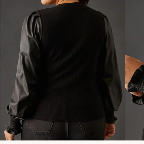 Dolan Anthropologie Mixed Media Puff Sleeve Top in Black Leather Sleeve Small - Picture 3 of 9